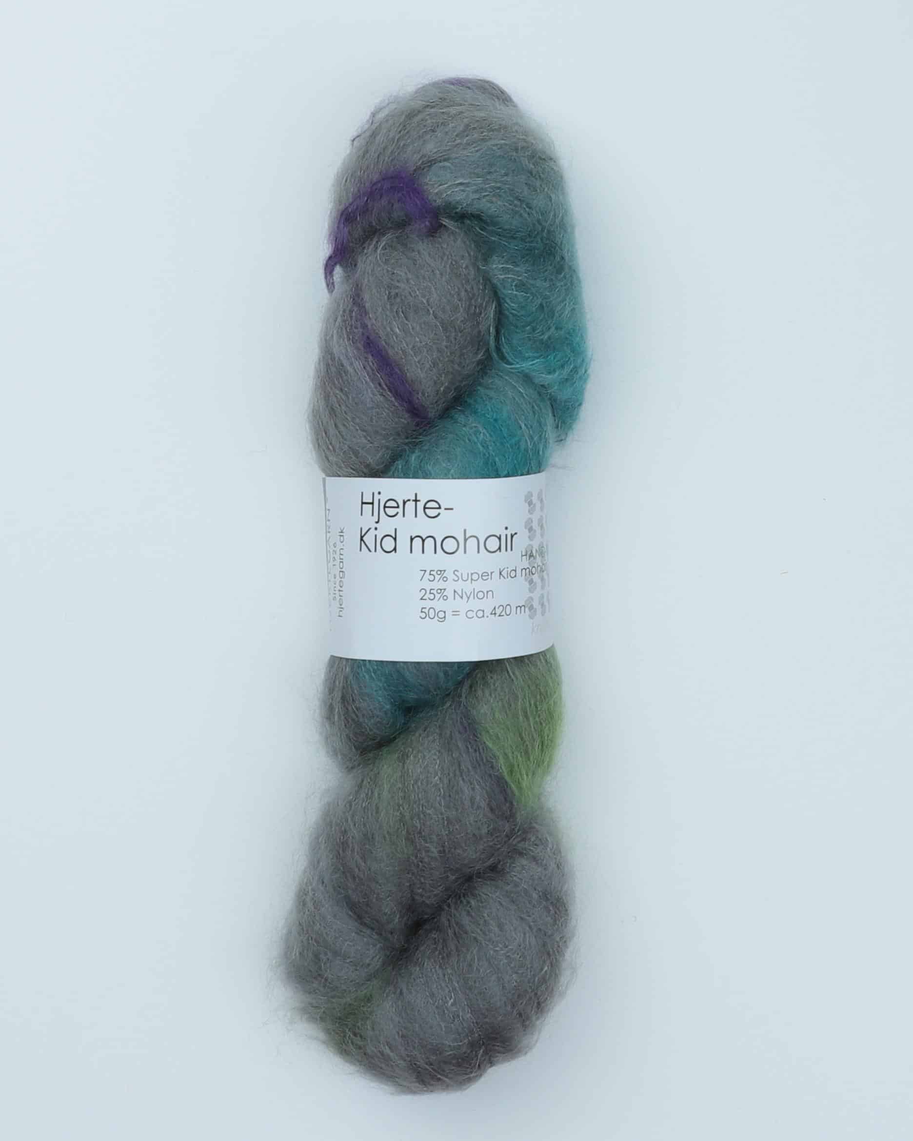 Hjerte-Kid mohair fra Hjertegarn - 002 Turkis/lilla/grå - 25% Nylon, 75% Kid mohair