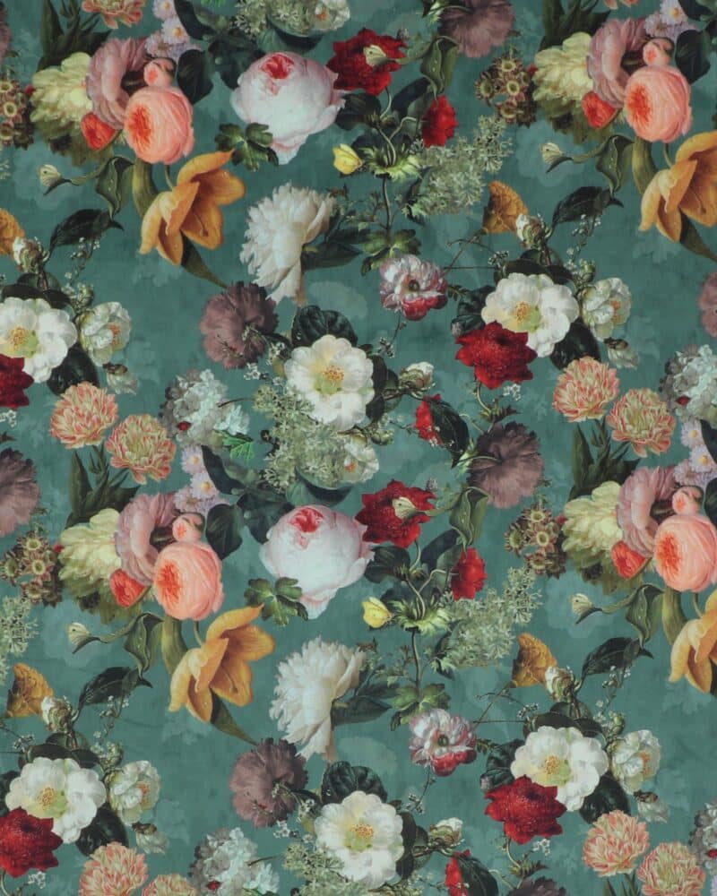 Blomster på grøn- Møbelvelour
