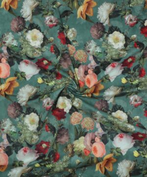 Blomster på grøn- Møbelvelour