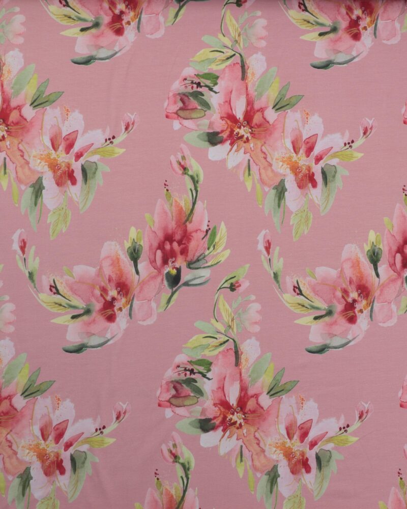 Store blomster på mørk rosa bund - Jersey