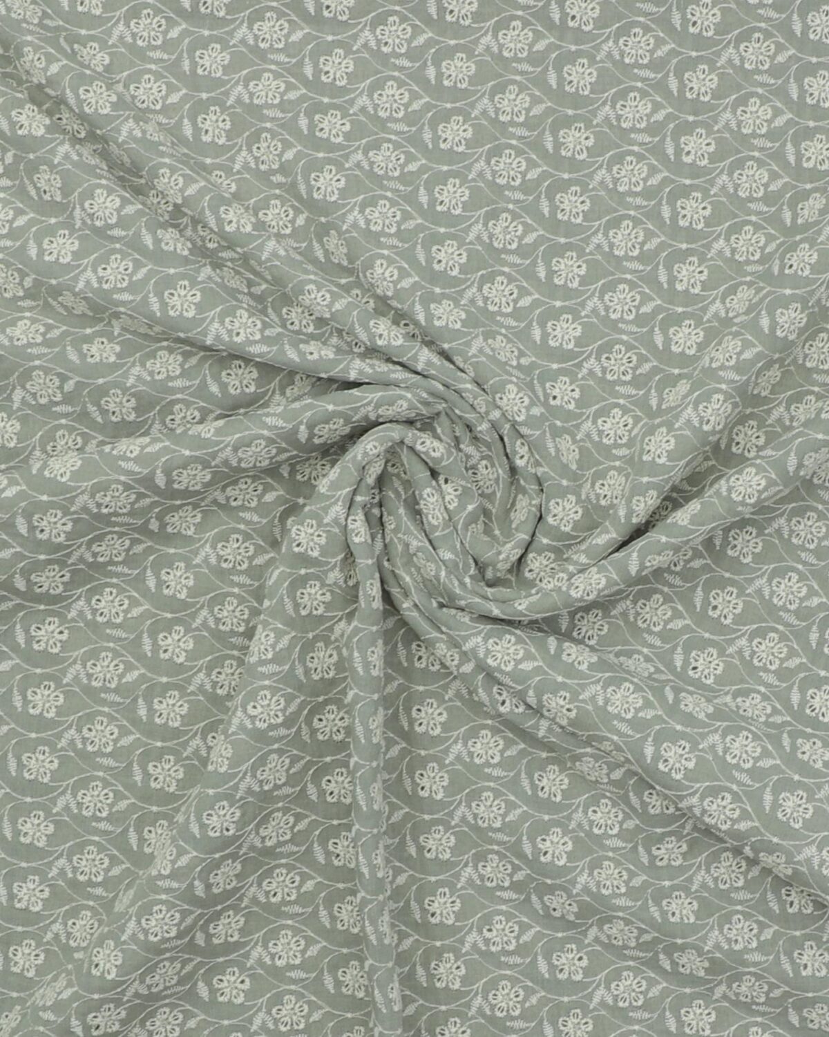Støvet grøn m. offwhite blomster - Broderie Anglaise - Billede 3