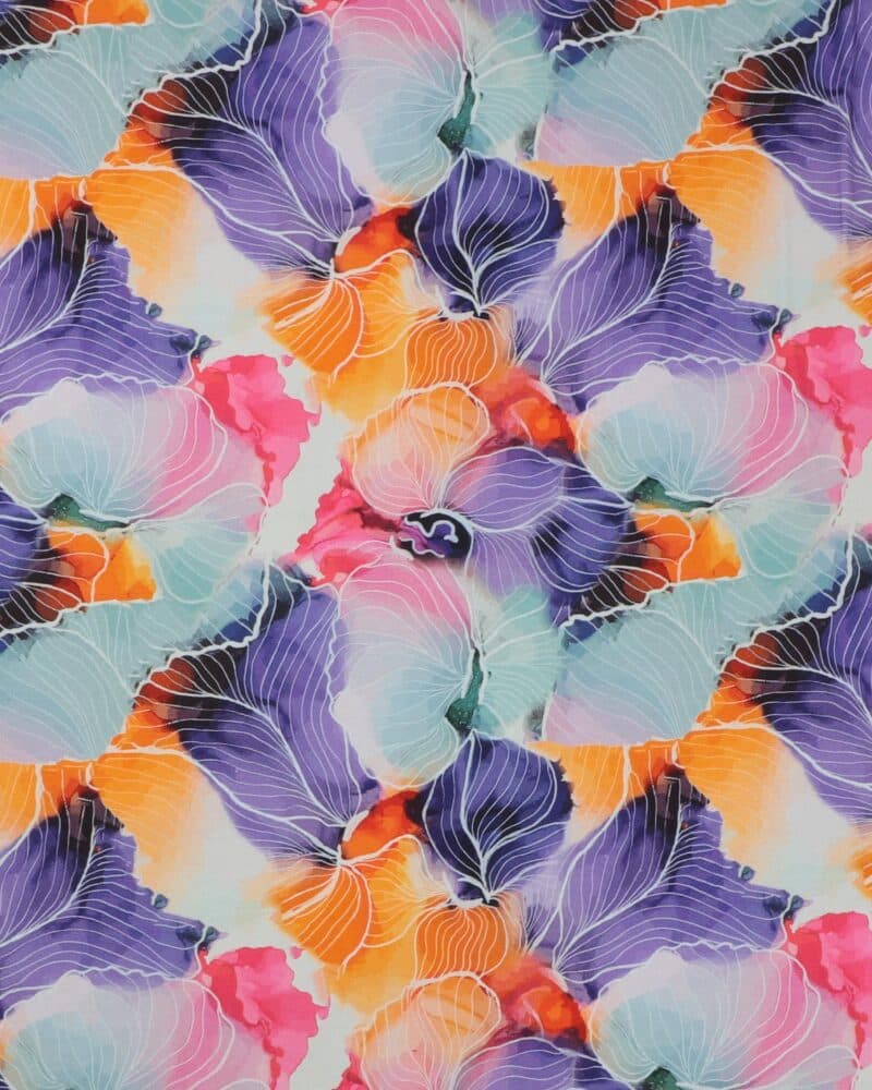Tegnet blomster på lilla/orange/pink - Viskose jersey