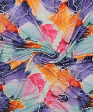 Tegnet blomster på lilla/orange/pink - Viskose jersey