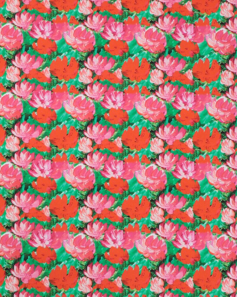 Rød/pink blomster på grøn - Jersey