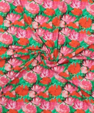 Rød/pink blomster på grøn - Jersey