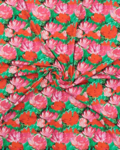 Rød/pink blomster på grøn - Jersey