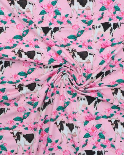 Sortbroget ko og pink roser på lyserød - Jersey 7 Sortbroget ko og pink roser på lyserød - Jersey