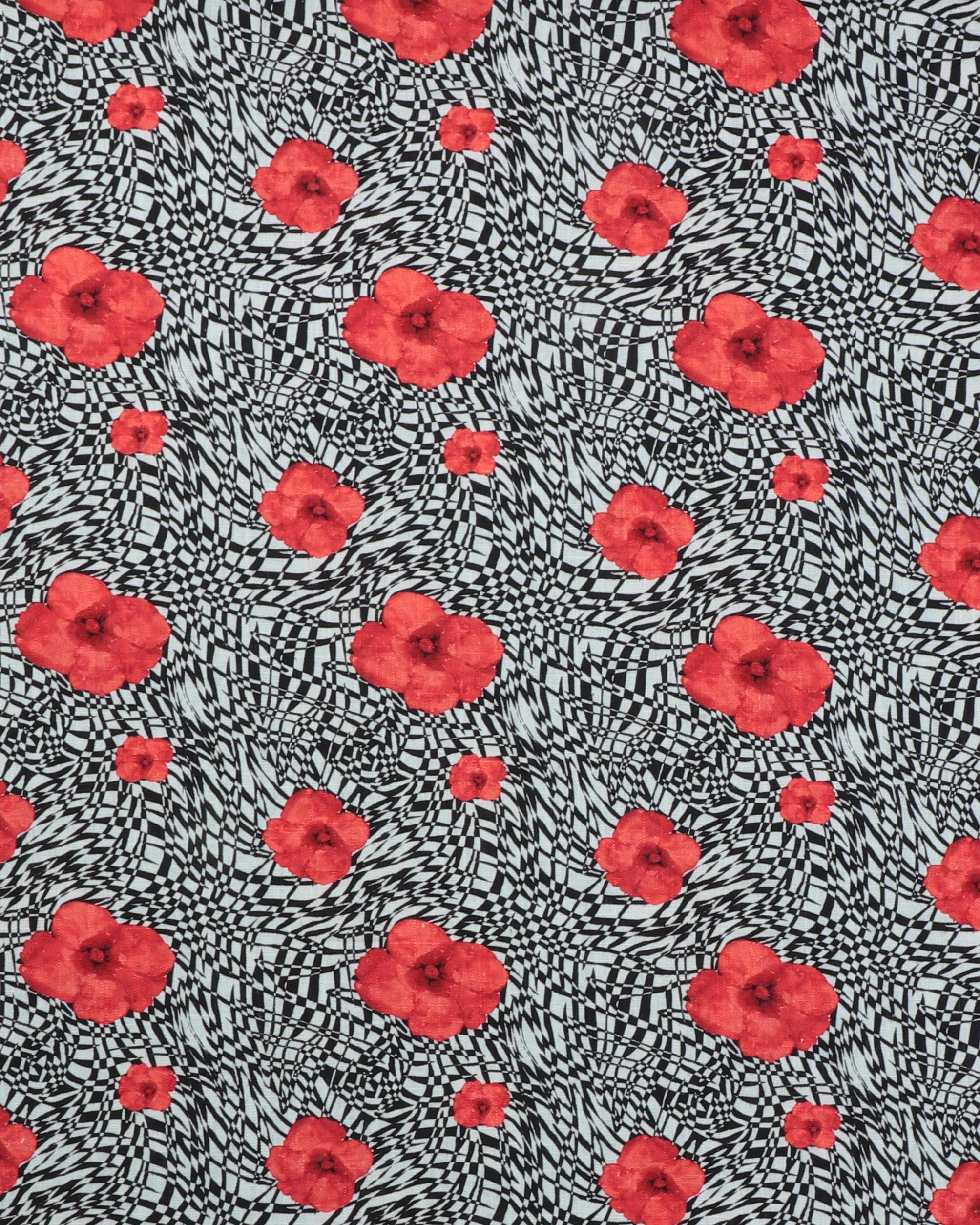 Røde Valmuer Sort Hvid Viskose Hør _hør _viskose