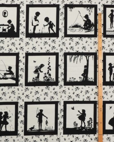 Sorte silhuetter på offwhite bund, 18 motiver - Patchwork 7 Sorte silhuetter på offwhite bund, 18 motiver - Patchwork
