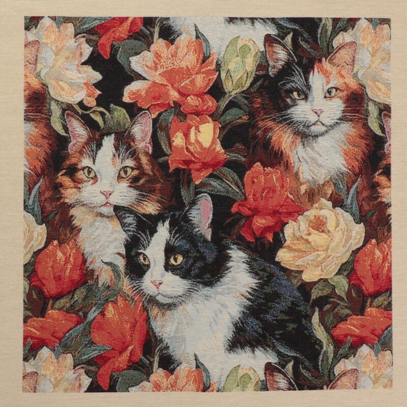 Katte blandt blomster, 45x45 cm - Gobelin