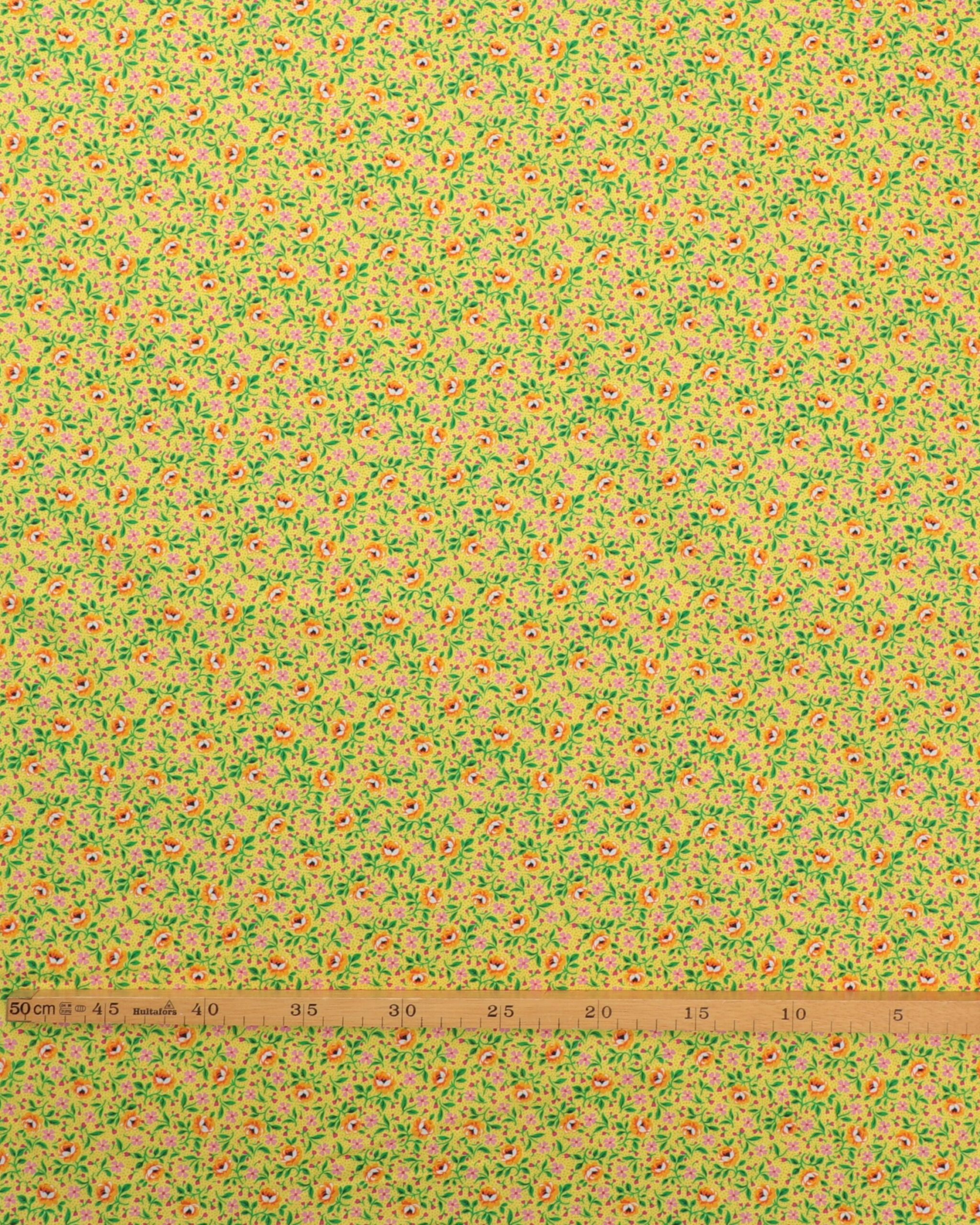 Gul bund med orange blomster og grønne blade - Patchwork 4 Gul bund med orange blomster og grønne blade - Patchwork - Billede 2