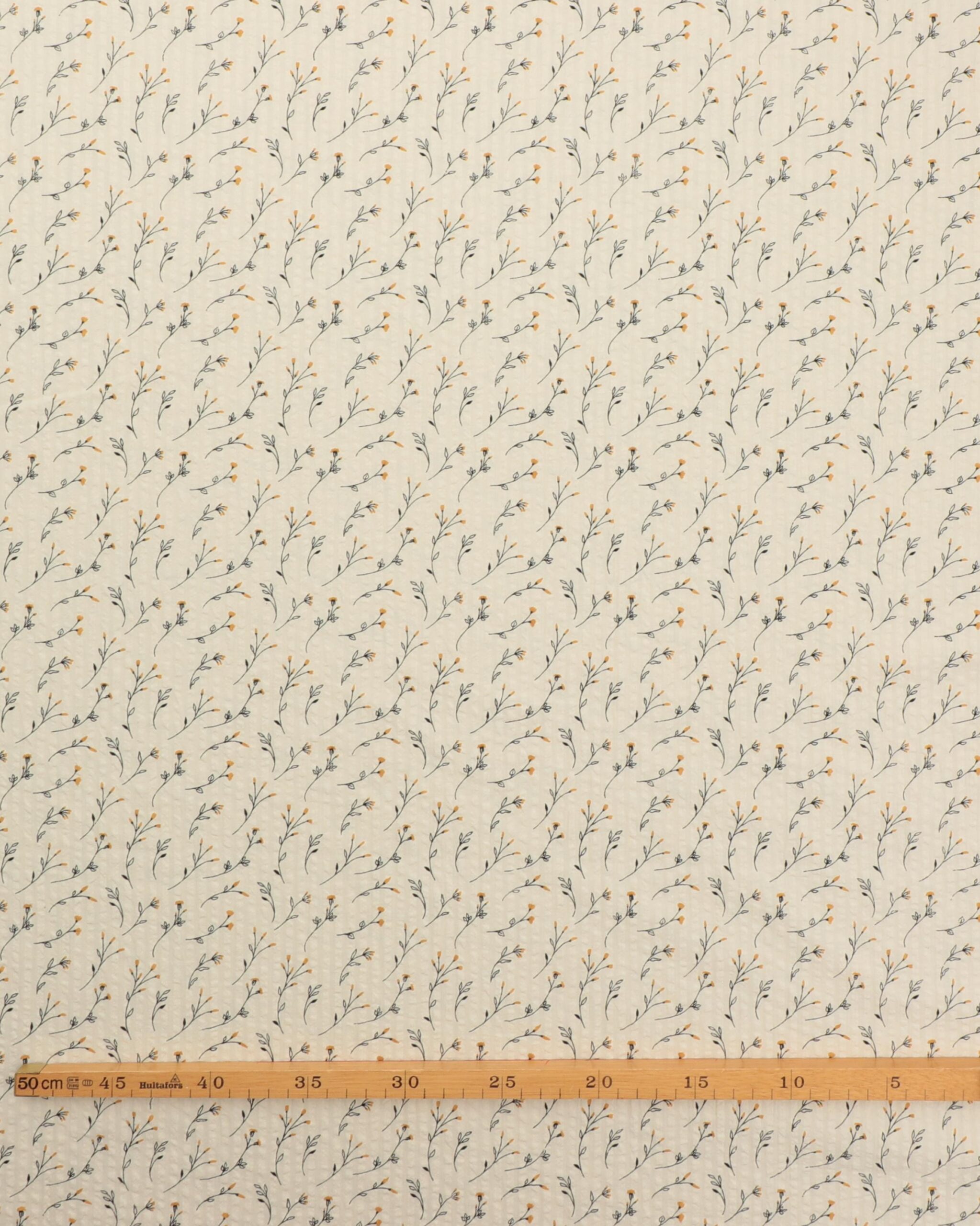 Karryfarvet blomst, cremefarvet bund - Seersucker bomuld 4 Karryfarvet blomst, cremefarvet bund - Seersucker bomuld - Billede 2