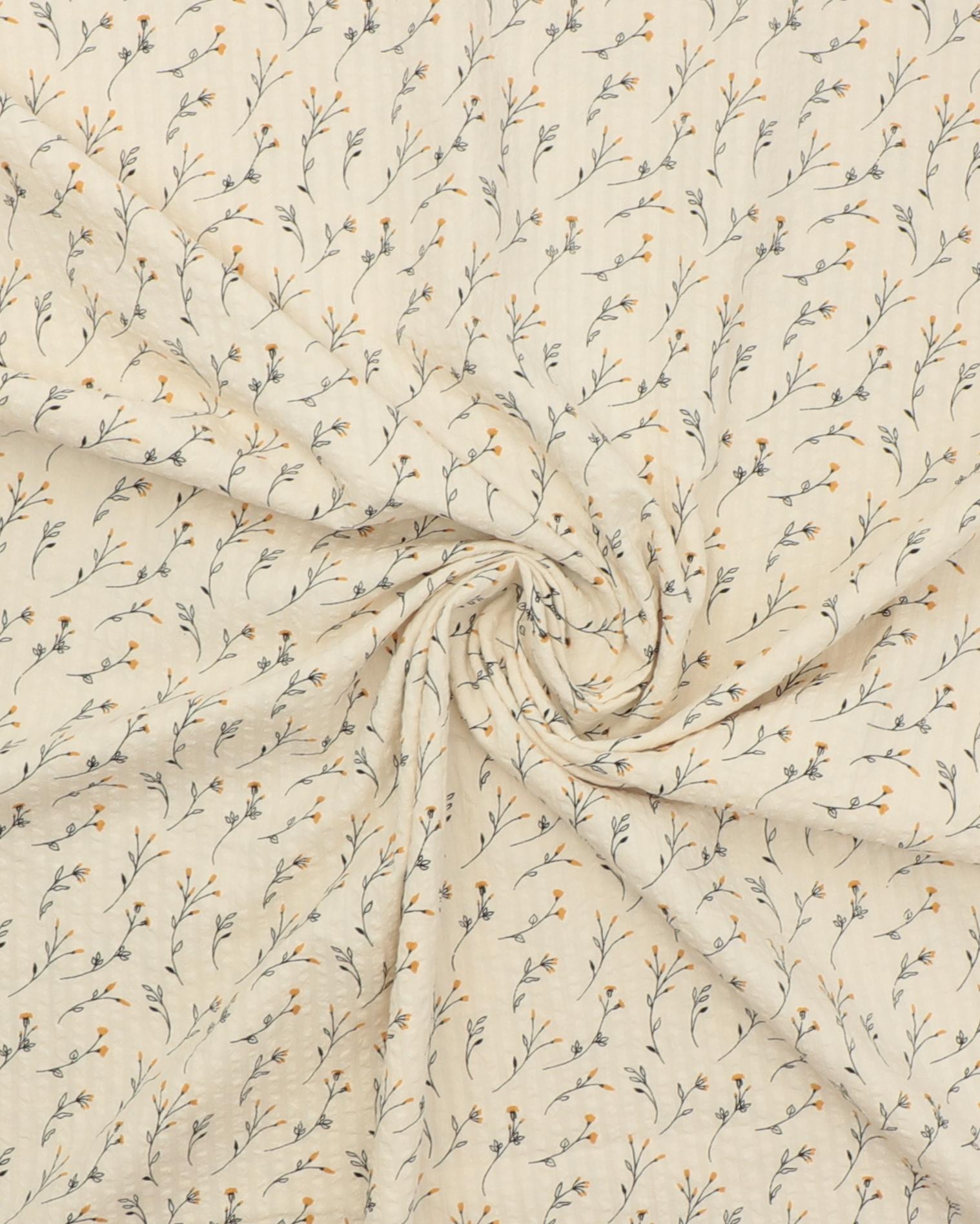 Karryfarvet blomst, cremefarvet bund - Seersucker bomuld 5 Karryfarvet blomst, cremefarvet bund - Seersucker bomuld - Billede 3