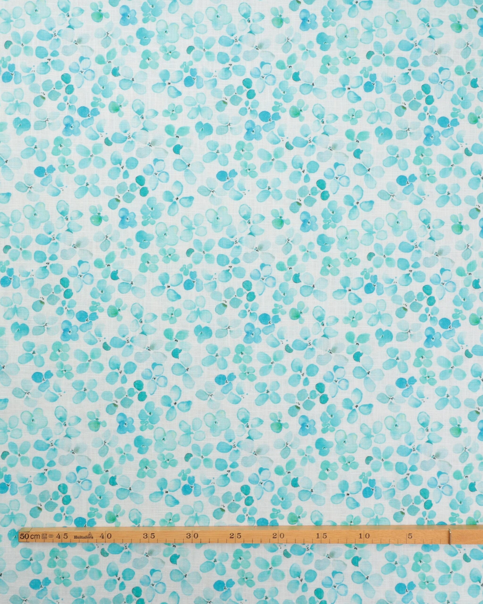 "Vandfarvet" turkise blomster på hvid bund - Hør/bomuld 4 "Vandfarvet" turkise blomster på hvid bund - Hør/bomuld - Billede 2