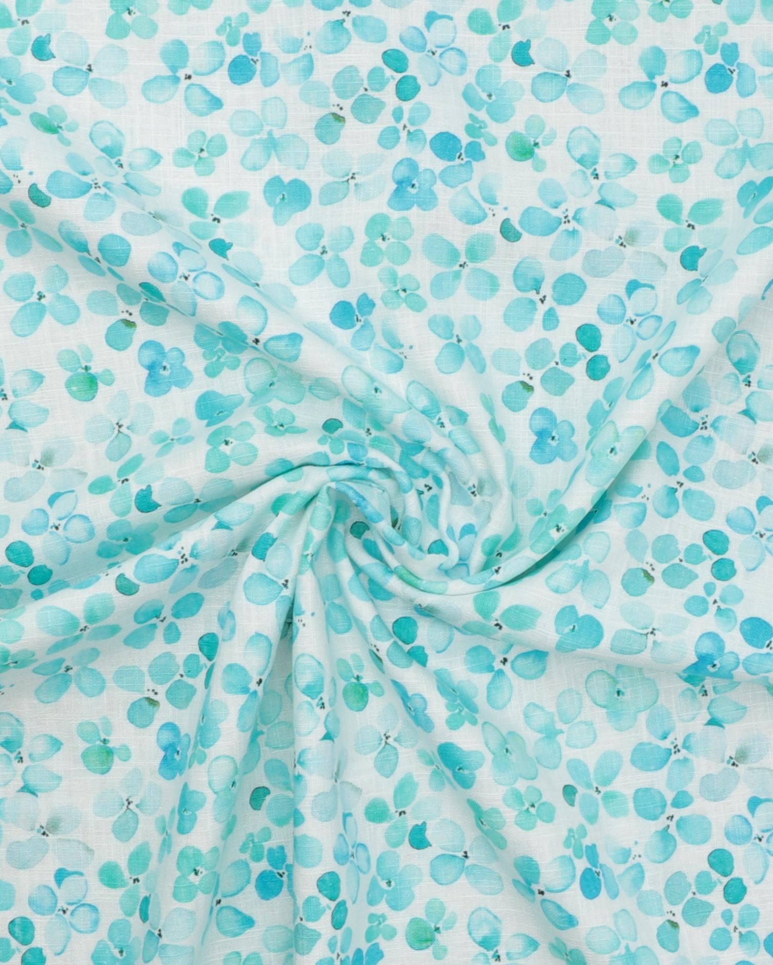 "Vandfarvet" turkise blomster på hvid bund - Hør/bomuld 5 "Vandfarvet" turkise blomster på hvid bund - Hør/bomuld - Billede 3