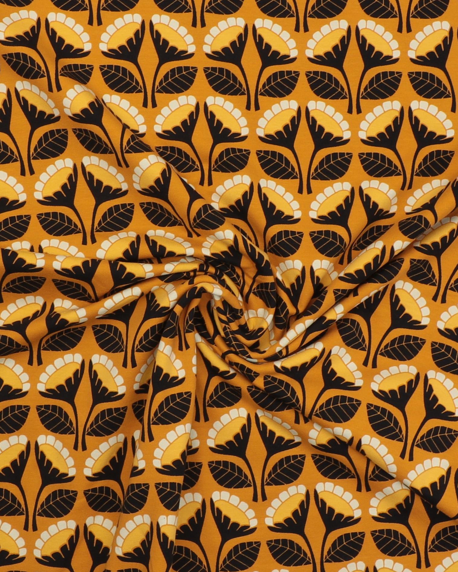 Blomstermønster okker/gul/sort - French Terry 5 Blomstermønster okker/gul/sort - French Terry - Billede 3