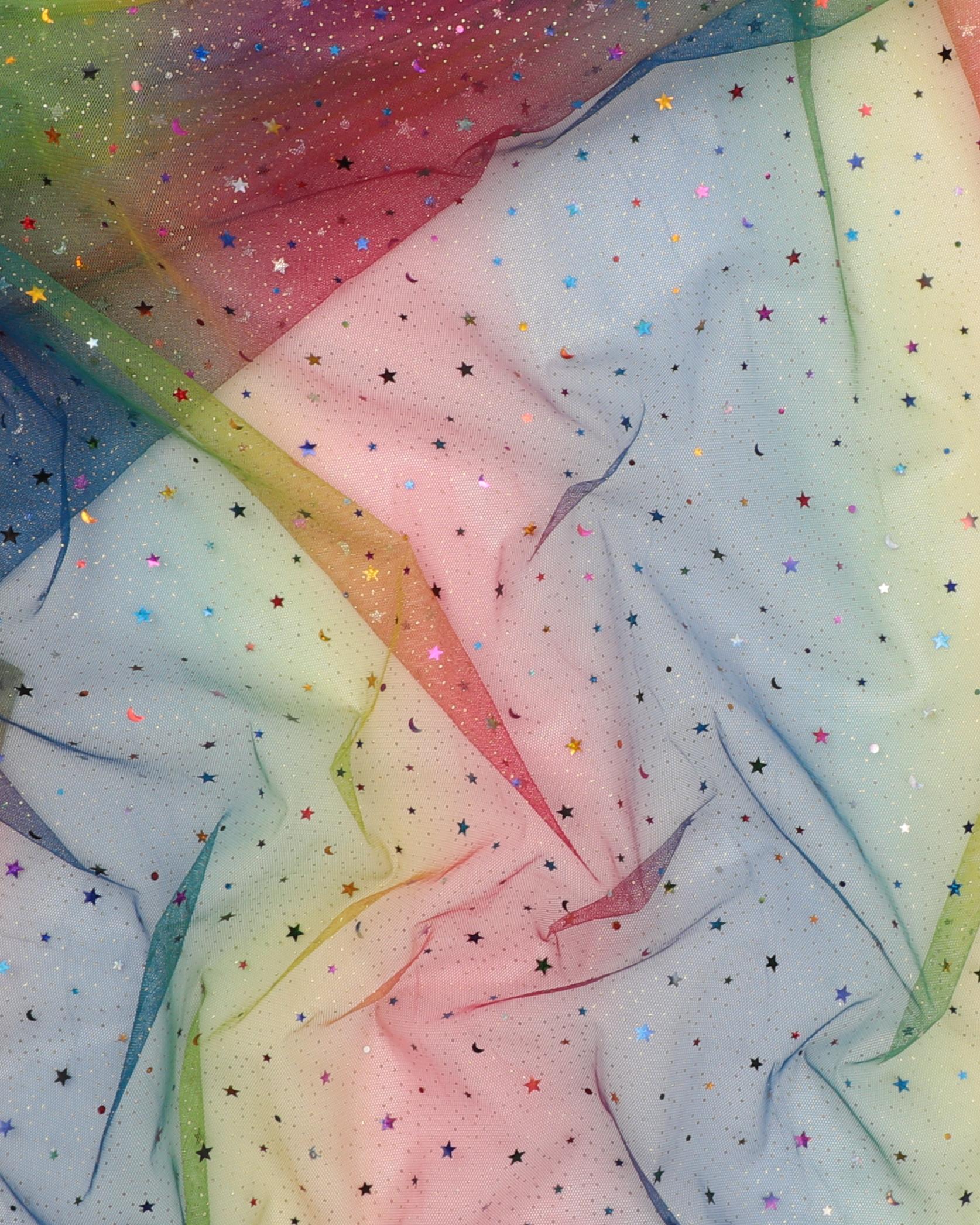 Stribet m. folietrykte stjerner og halvmåner - Blød tyl 3 Stribet m. folietrykte stjerner og halvmåner - Blød tyl