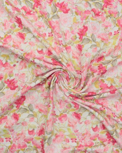 Flødefarvet m. lyserøde/pink blomster - Double Gauze/musselin stof
