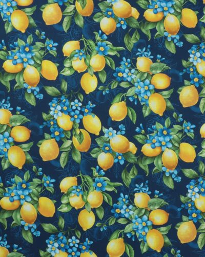 Citroner og blå blomst på mørkeblå - Patchwork