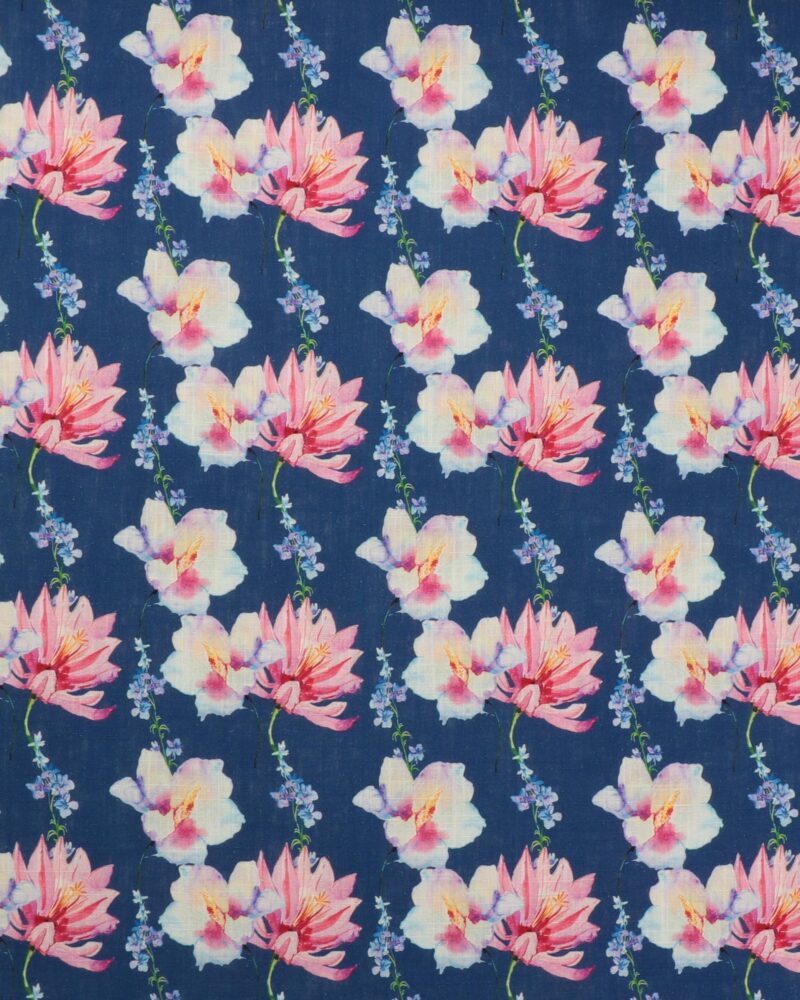 Blomster på blå - Viskose/hør