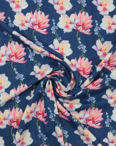 Blomster på blå - Viskose/hør