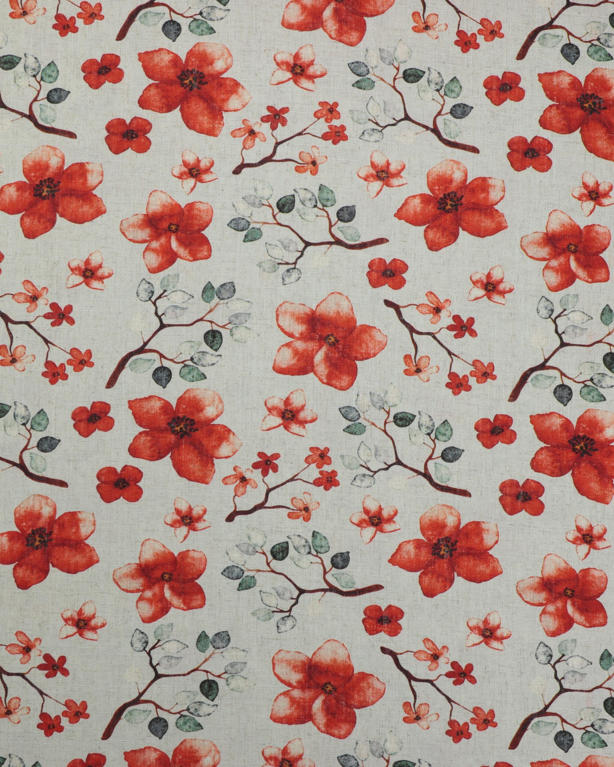 Røde blomster på grene - Viskose/hør 3 Røde blomster på grene - Viskose/hør