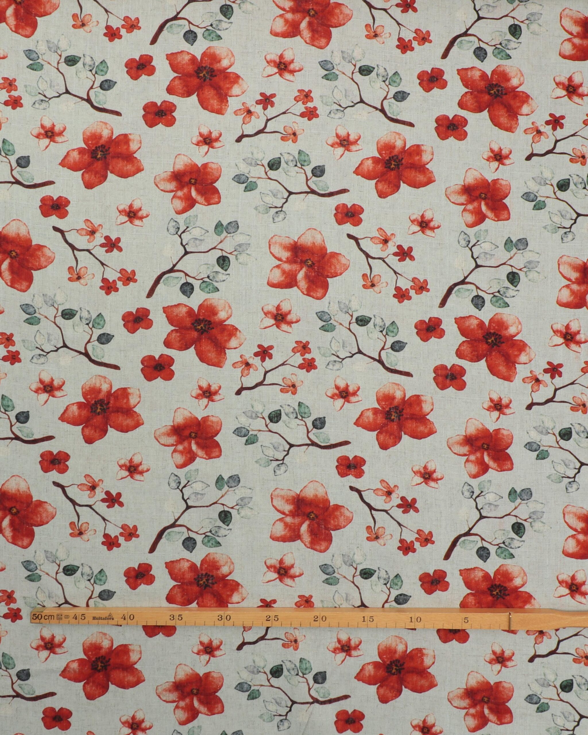 Røde blomster på grene - Viskose/hør 4 Røde blomster på grene - Viskose/hør - Billede 2