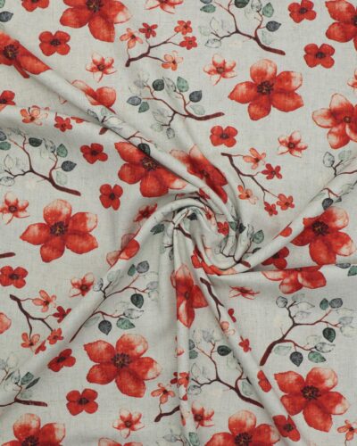 Røde blomster på grene - Viskose/hør 7 Røde blomster på grene - Viskose/hør