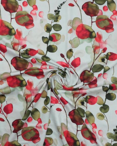 Grenmønster med røde og grønne blade - Twillvævet viskose