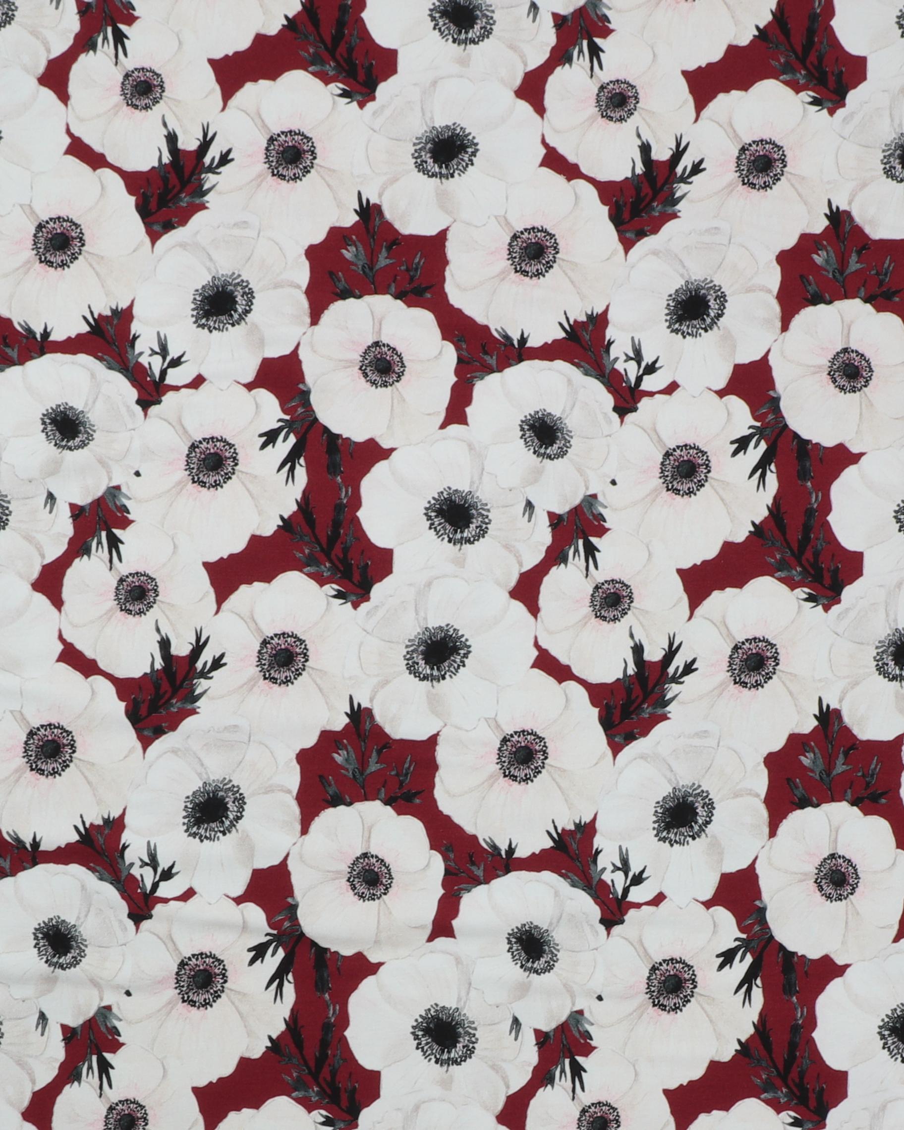 Blomster på bordeaux bund - French Terry - 95% Bomuld, 5% Elastan