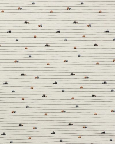 Lys creme bund, brune smalle striber og biler - Jersey