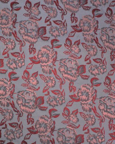 Brokade, grå med blomster og rødt glimmer - Polyester