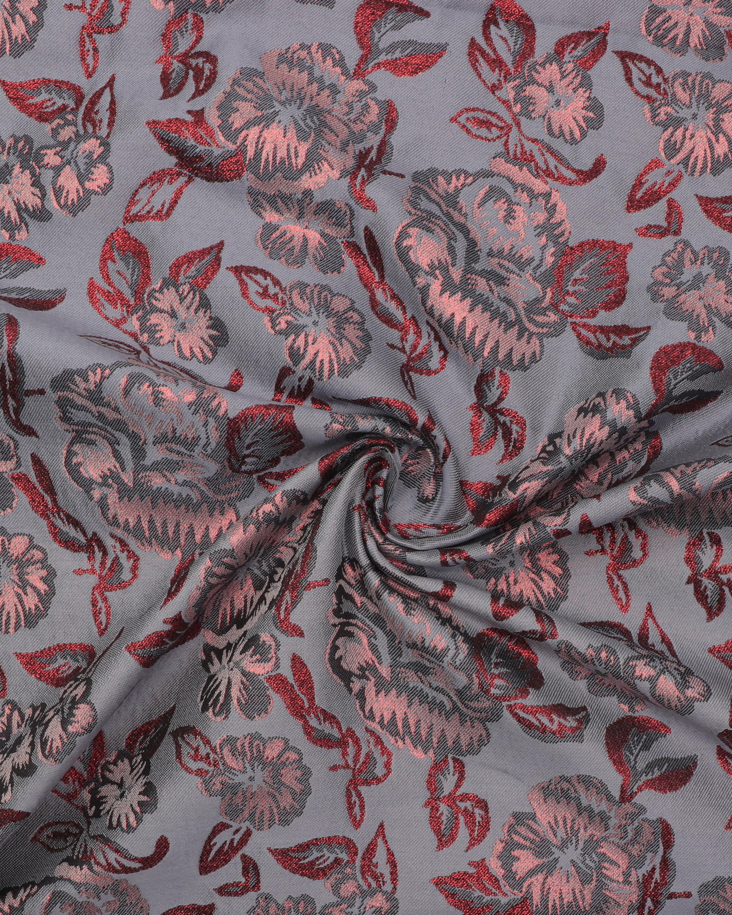 Brokade, grå med blomster og rødt glimmer - Polyester 5 Brokade, grå med blomster og rødt glimmer - Polyester - Billede 3
