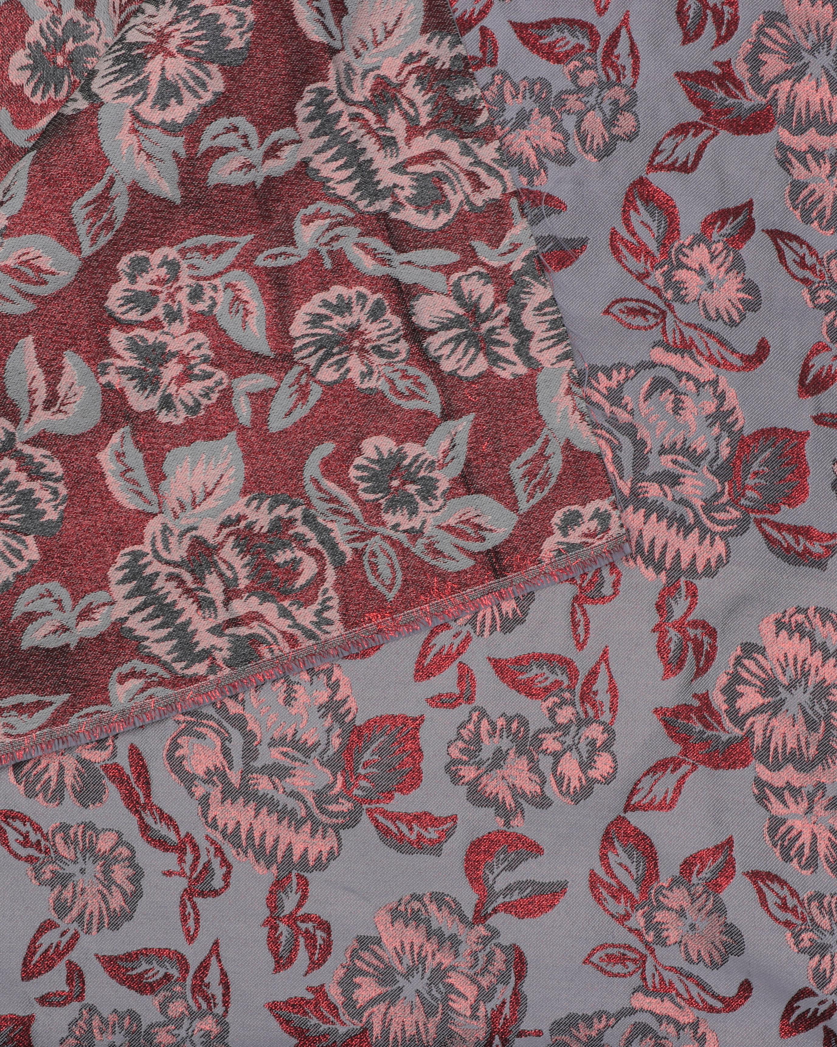 Brokade, grå med blomster og rødt glimmer - Polyester 6 Brokade, grå med blomster og rødt glimmer - Polyester - Billede 4