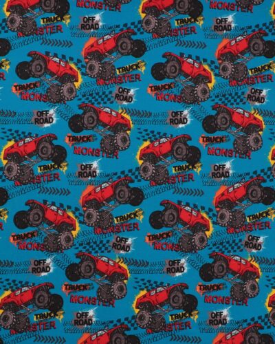 Røde monstertrucks på turkisblå bund - French Terry