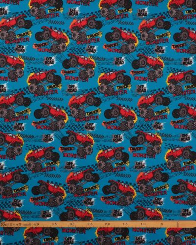 Alternative view of Røde monstertrucks på turkisblå bund - French Terry