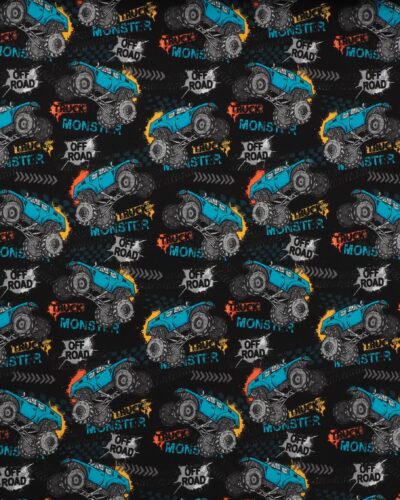 Turkisblå monstertrucks på sort bund - French Terry
