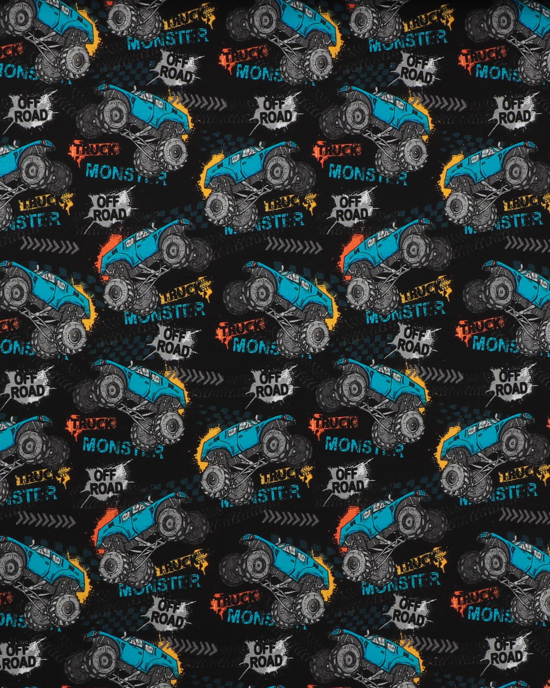 Turkisblå monstertrucks på sort bund - French Terry - 8% Elastan, 92% Bomuld