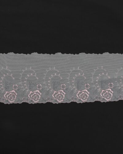 Hvid tyl m. lysrøde og grå blomster - 16 cm