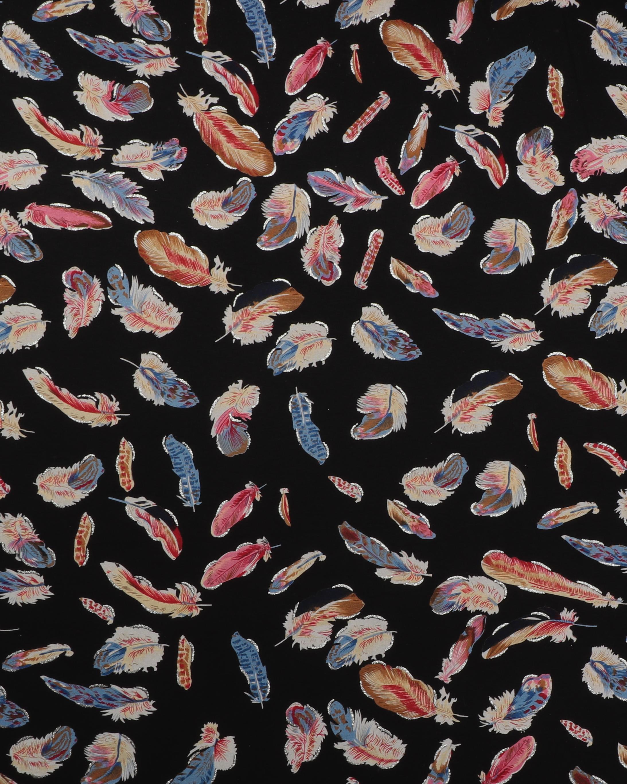 Fjer med sølv i kanten på sort bund - Viskose jersey 3 Fjer med sølv i kanten på sort bund - Viskose jersey