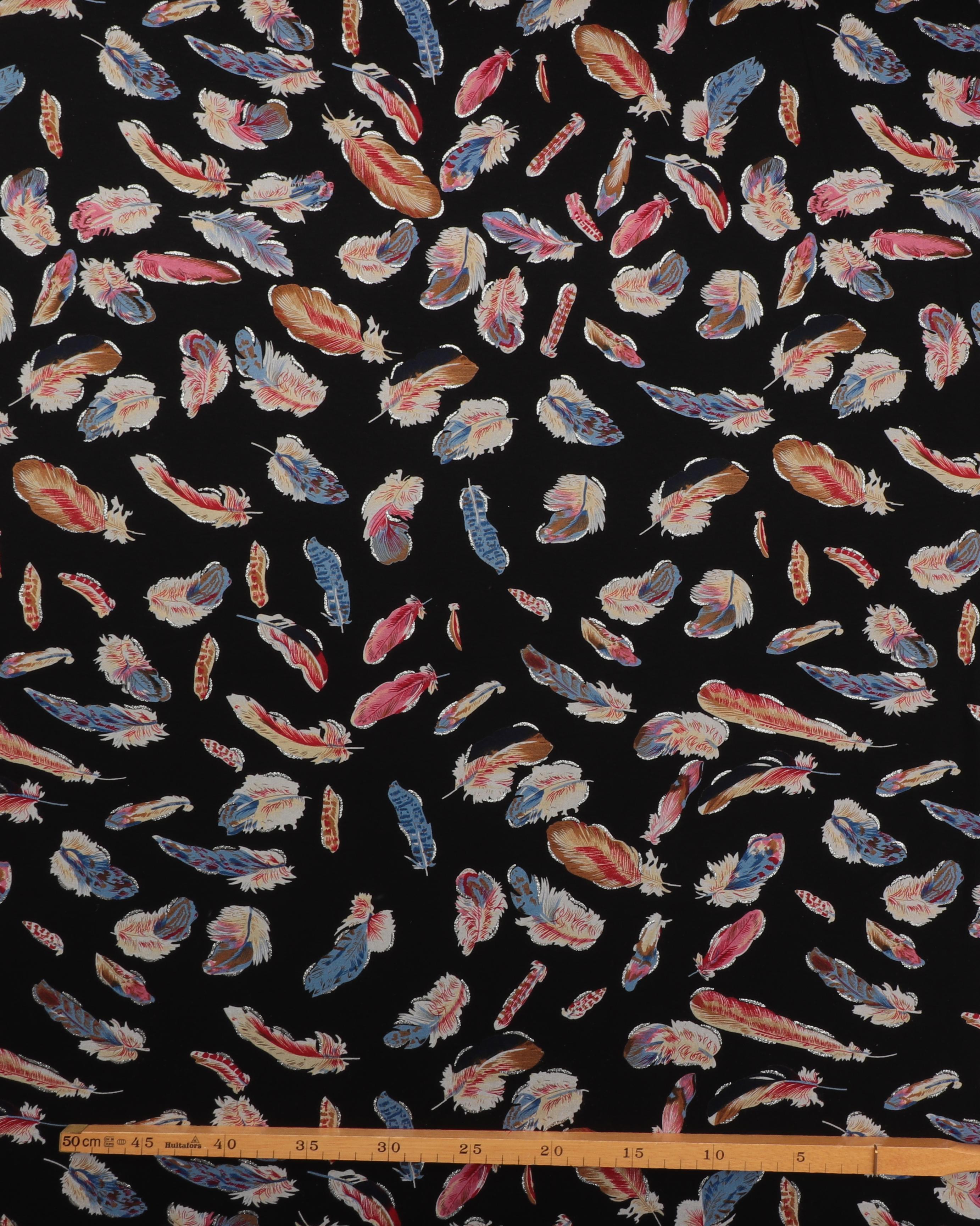 Fjer med sølv i kanten på sort bund - Viskose jersey 4 Fjer med sølv i kanten på sort bund - Viskose jersey - Billede 2