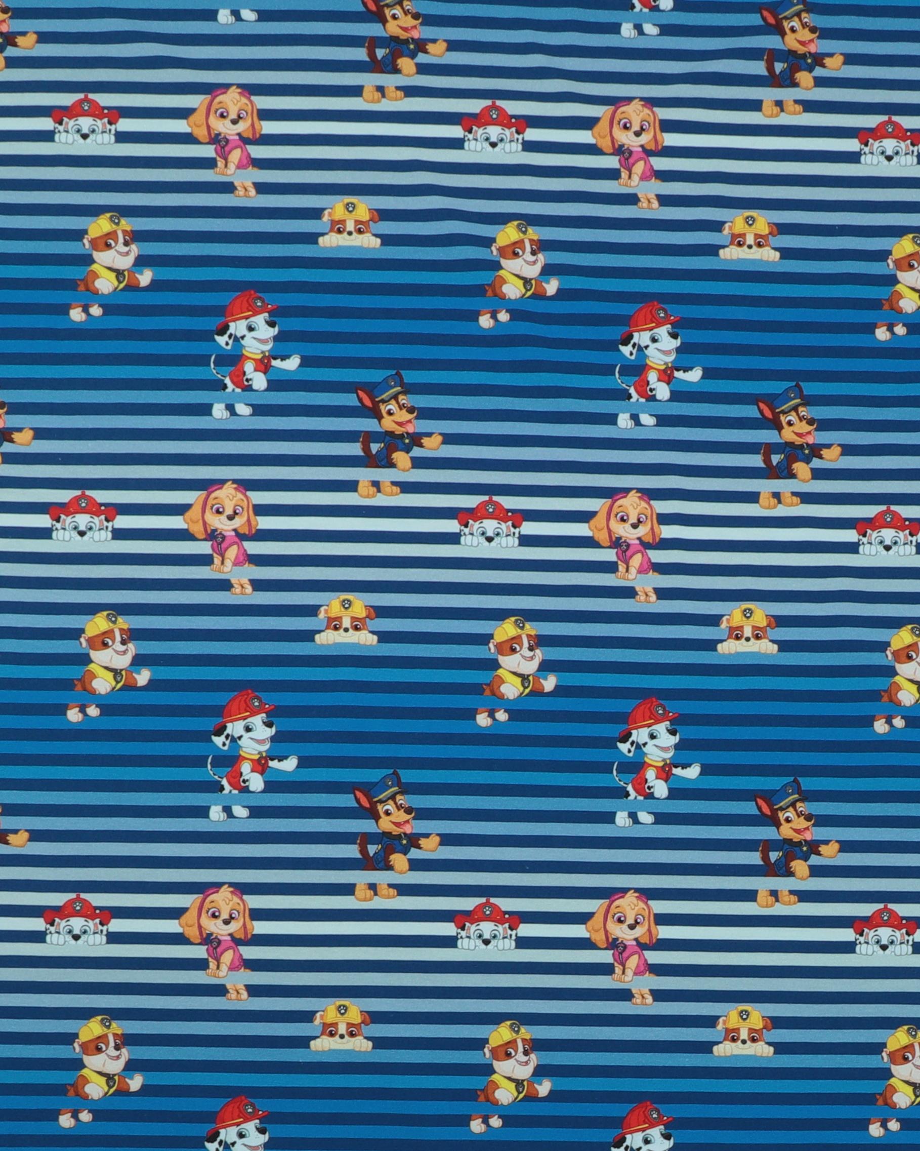 Paw Patrol figurer på blå nuancer med striber – Jersey 3 Paw Patrol figurer på blå nuancer med striber – Jersey
