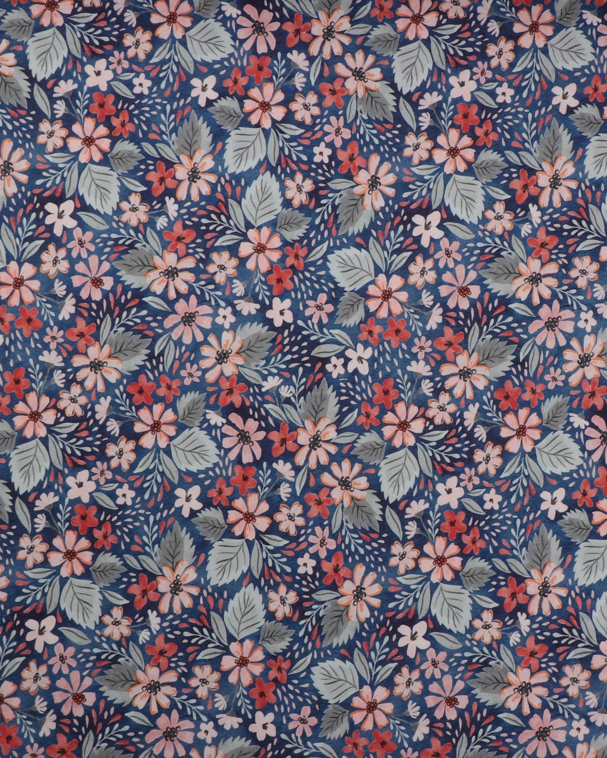 Meleret Blå Med Blomster Isoli Polyester Bomuld