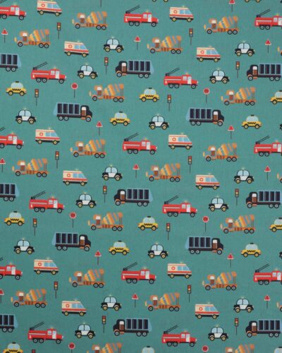 Køretøjer på mørk støvet blågrøn - Bomuld