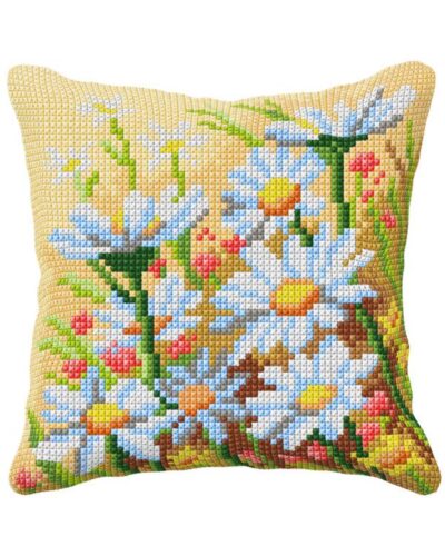 Påtegnet stramaj, hvide blomster - ca. 40x40 cm