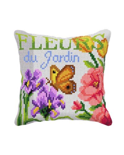 Påtegnet stramaj, sommerfugl og blomster - ca. 40x40 cm