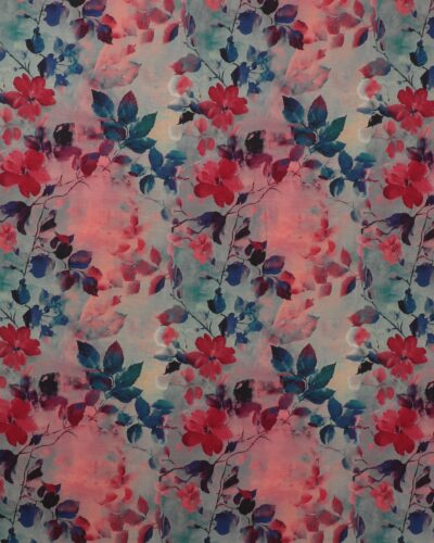 Blomster og blade i røde og blå nuancer - Viskose jersey
