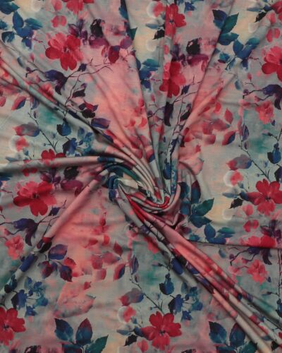 Blomster og blade i røde og blå nuancer - Viskose jersey