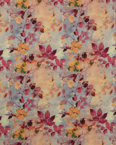 Blomster og blade i røde og orangegule farver - Viskose jersey