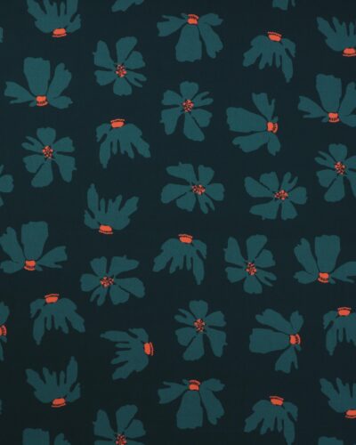 Mørk petrol med petrolfarvet blomster - Twillvævet viskose